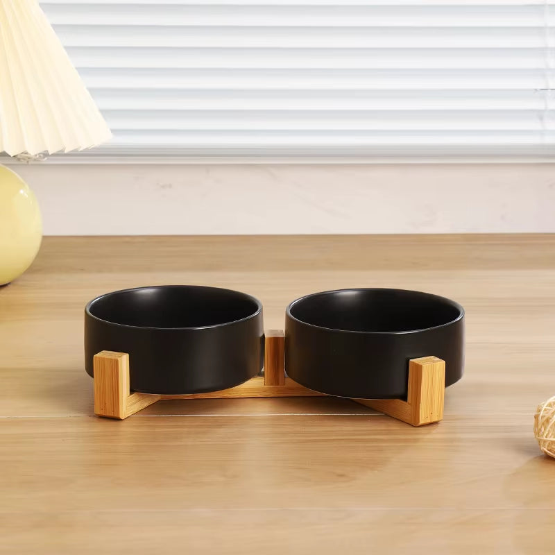 Ceramic Pet Bowl Dish with Wood Stand No Spill Pet Ceramic Double Bowl for Dog Cat Food Water Feeder Cats Small Dogs Pet Bowl