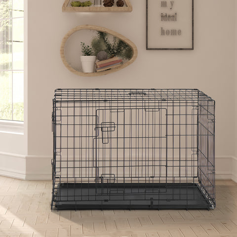 36 Inch Iron Foldable With Divider Plastic Tray Black Dog And Cat Cage