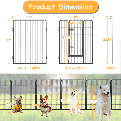 Dog Pens Outdoor 16 Panels Metal Portable Dog Playpen Dog Fence With Doors