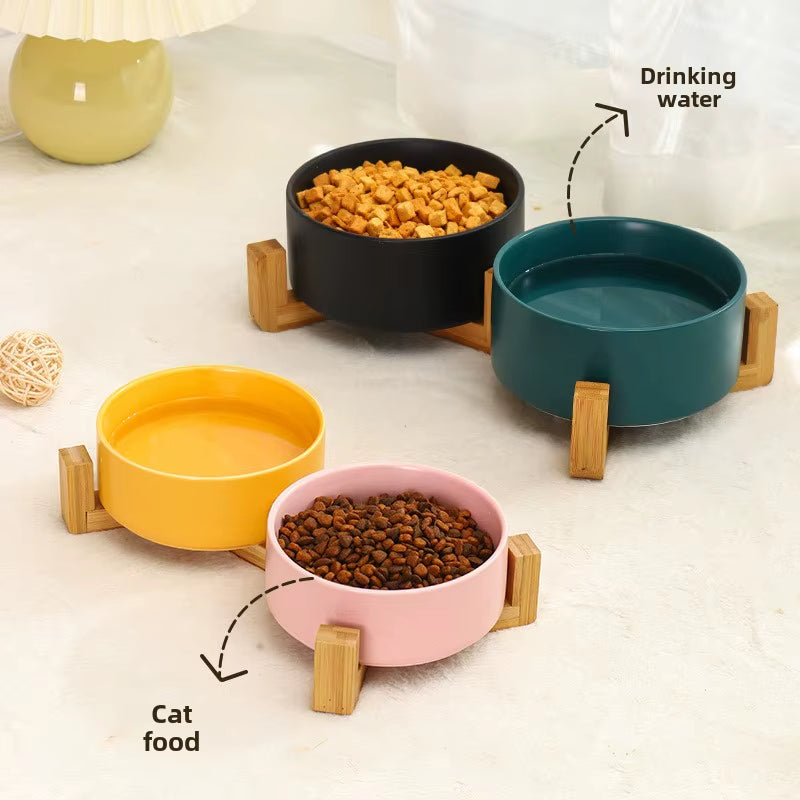 Ceramic Pet Bowl Dish with Wood Stand No Spill Pet Ceramic Double Bowl for Dog Cat Food Water Feeder Cats Small Dogs Pet Bowl