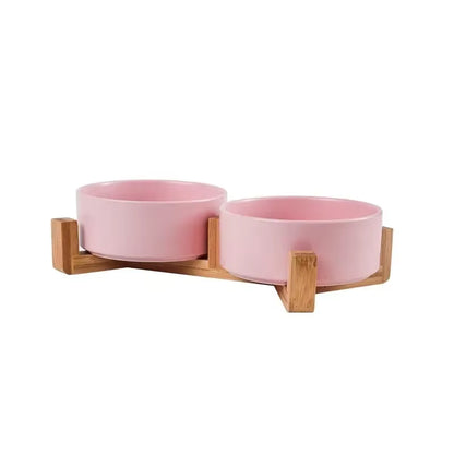 Ceramic Pet Bowl Dish with Wood Stand No Spill Pet Ceramic Double Bowl for Dog Cat Food Water Feeder Cats Small Dogs Pet Bowl