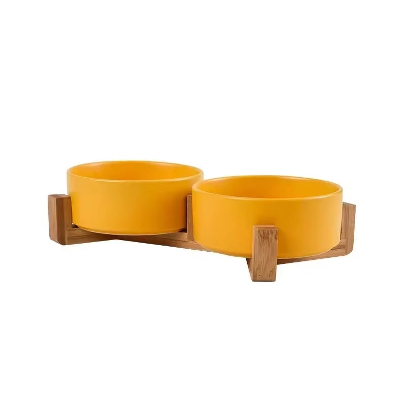 Ceramic Pet Bowl Dish with Wood Stand No Spill Pet Ceramic Double Bowl for Dog Cat Food Water Feeder Cats Small Dogs Pet Bowl