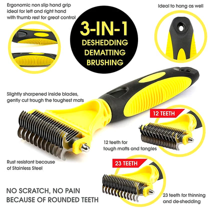 Pets Stainless Steel Grooming Brush Two-Sided Shedding and Dematting Undercoat Rake Comb for Dog Cat Remove Knots Tangles Easily