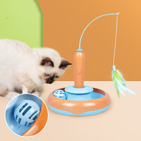 2 in 1 Interactive Pet Cat Toy with Feather – Self-Play Turntable Toy for Cats