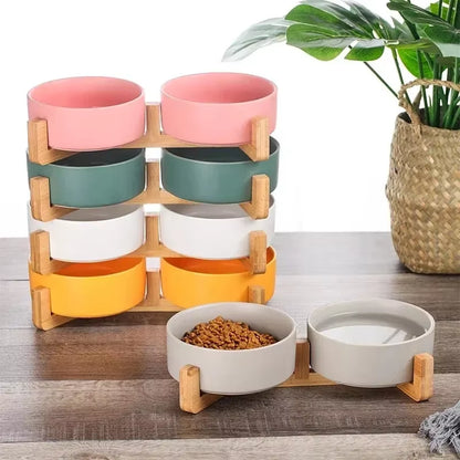 Ceramic Pet Bowl Dish with Wood Stand No Spill Pet Ceramic Double Bowl for Dog Cat Food Water Feeder Cats Small Dogs Pet Bowl